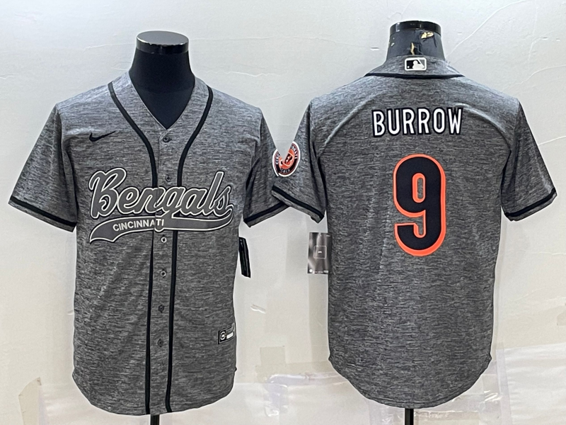 Men's Grey Cincinnati Bengals #9 Joe Burrow With Patch Cool Base Stitched Baseball Jersey